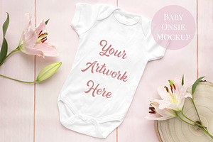 Baby Onsie Mockup - Pink Wood