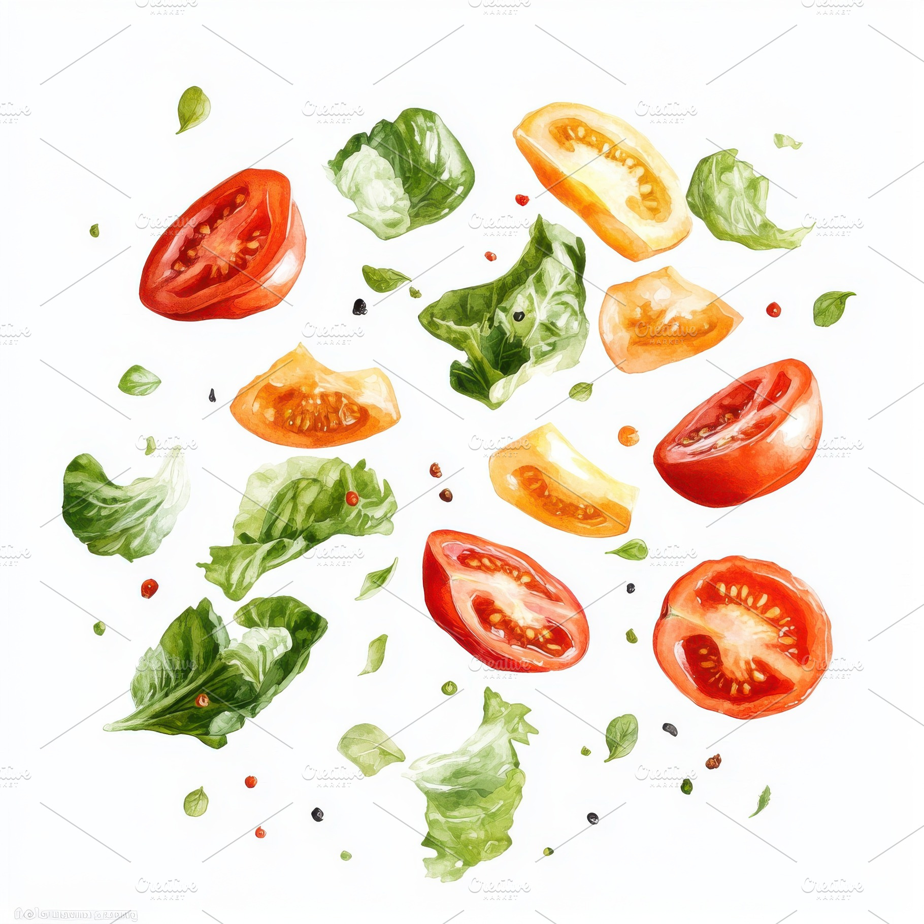 Falling vegetables, fresh salad of b, a Food & Drink Photo by Pixeness Studio