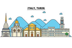 Italy, Turin. City Skyline: Architecture, Buildings, Streets, Silhouette, Landscape, Panorama, Landmarks. Editable Strokes. Flat Design Line Vector Il