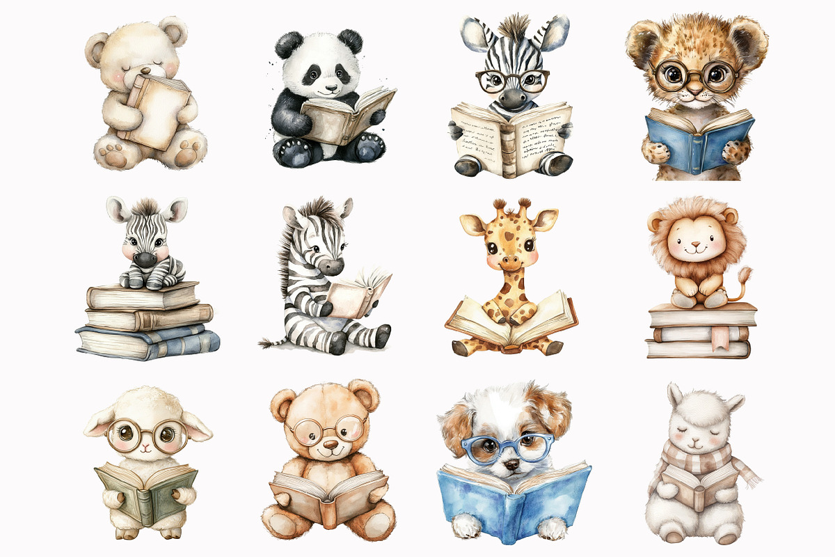 Watercolor Reading Plush Animals Cli, a Seasonal Illustration by Design Market (Photo 2 of 3)