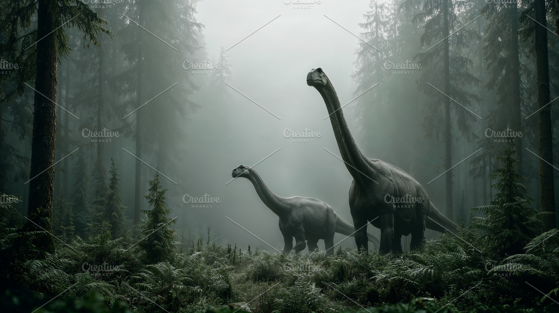 Dinosaurs roam through misty forest during early morning hours, an Animal Photo by OSORIOartist
