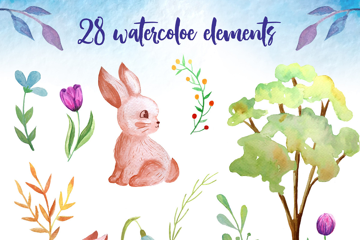Watercolow rabbit and Floral set, an Animal Illustration by Olesya Agudova (Photo 2 of 7)