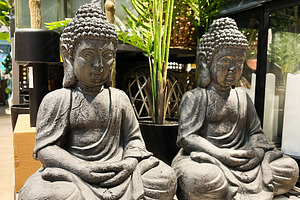 Two stone Buddha statues surrounded by vibrant greenery in a decorative setting, a Photo by AS photostudio