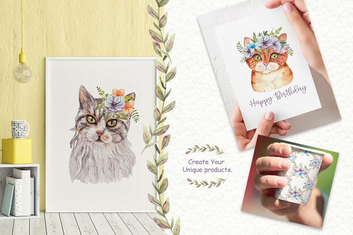 Watercolor Cats and Flowers, an Animal Illustration by TanataDesign (Photo 8 of 9)