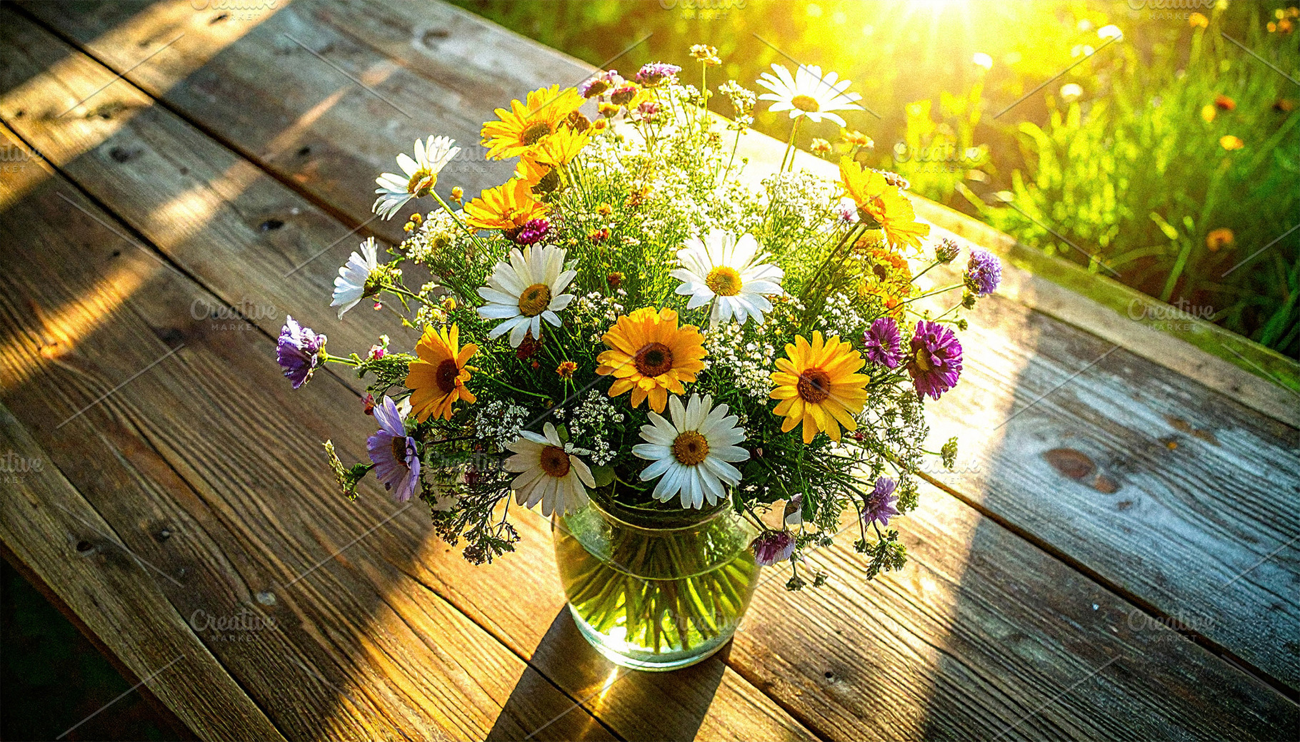 Sunlit Wildflower Bouquet on Rustic Wooden Table, a Nature Photo by Davizro's Market