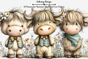 Watercolor Summer Highland Cow Clipa, an Illustration by GatewayDesign