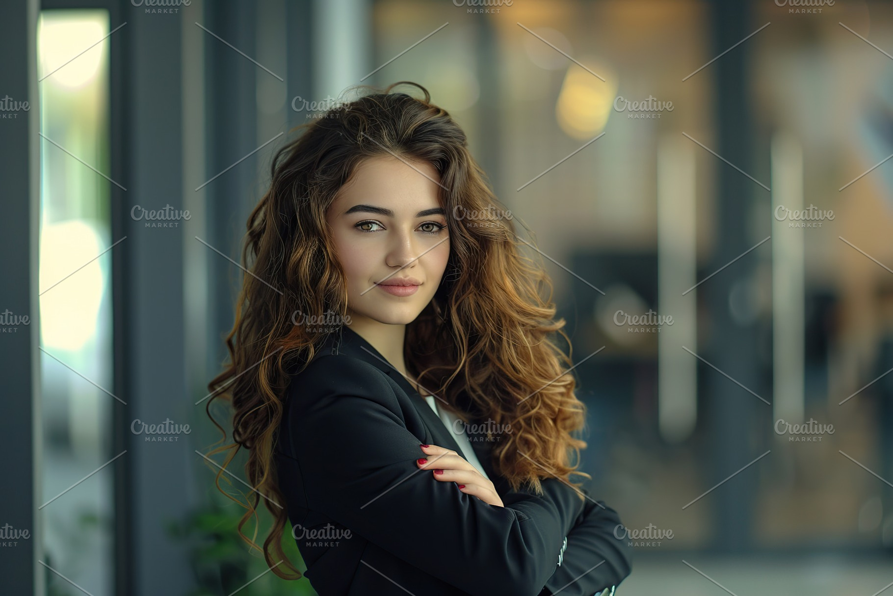 Young business woman in business suit standing on blurred office background, a Person Photo by AlyaAnd