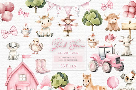 Watercolor pink cute farm clipart, an Animal Illustration by Invite to Clipart