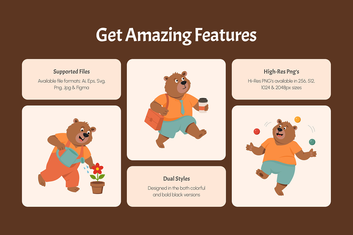 Flat Bear Characters Illustrations, an Animal Illustration by Brickclay (Photo 2 of 10)