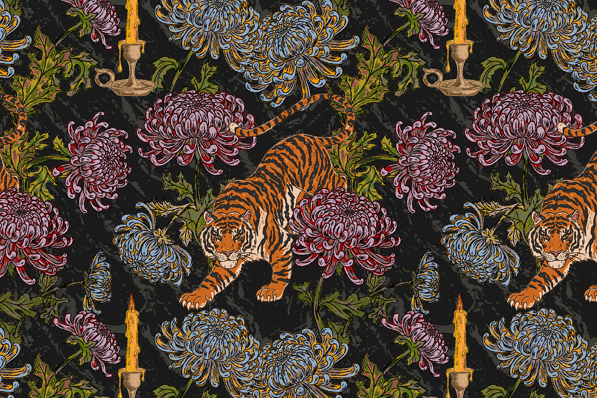 Tiger, candle, chrysanthemums, a Pattern Graphic by NayaChu (Photo 2 of 9)