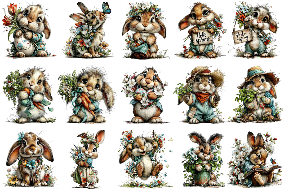 Whimsical Spring Bunny Clipart, an Illustration by OK Design (Photo 3 of 6)