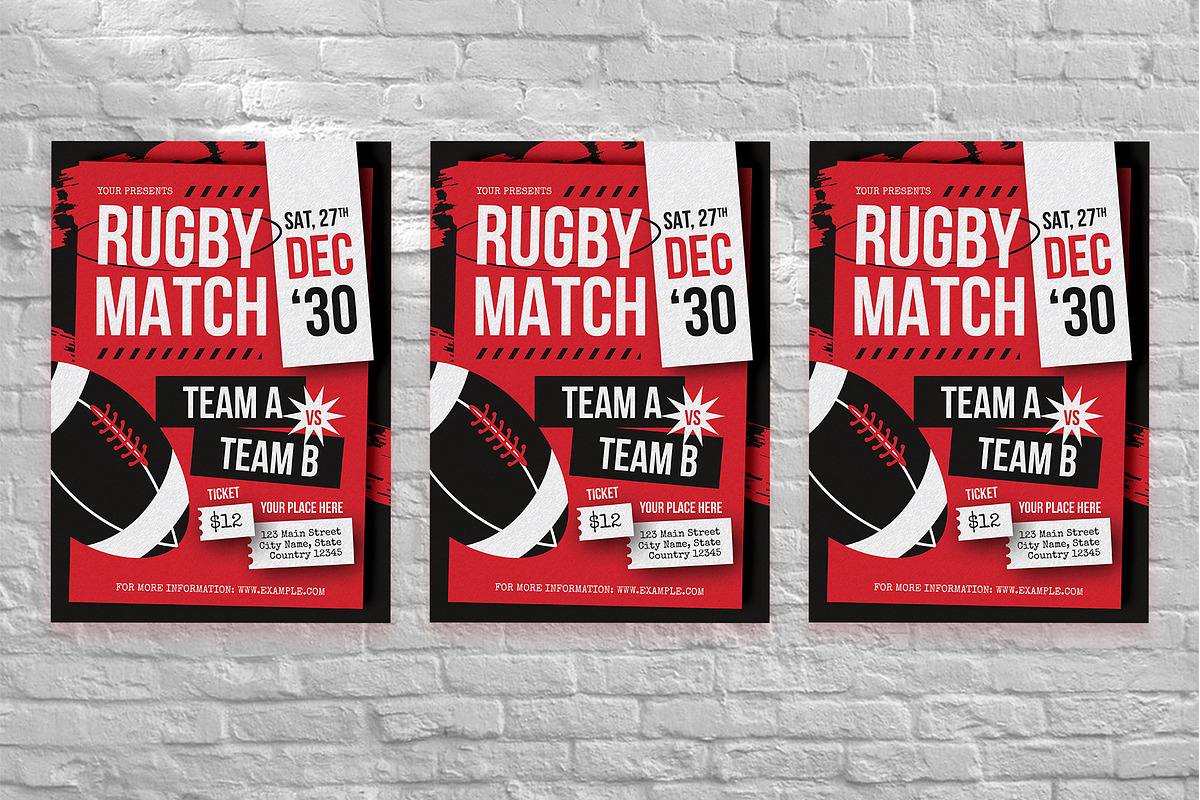 Red Grunge Rugby Match Flyer Set, a Flyer Template by Aiyari Graphic