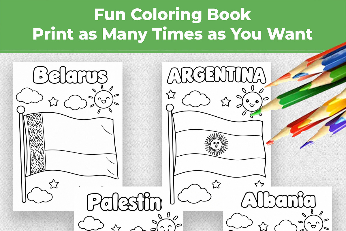 190 Flags Coloring Book for Kids PDF, an Education Illustration by Mohammad Sarfaraz (Photo 3 of 13)