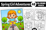 Spring Girl Activities Coloring Page, a Decorative Illustration by Ink Gallery (Thumbnail 1 of 8)