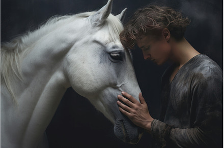Loving Man touching horse. Generate, a Person Photo by Ylivdesign