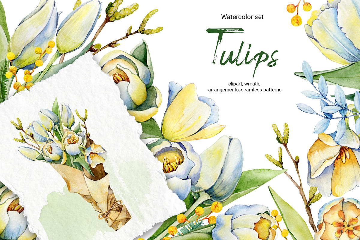 Spring tulips and mimosa, watercolor, an Illustration by Artmanata (Photo 1 of 12)