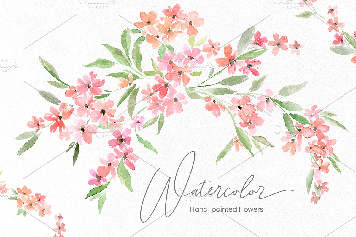 Watercolor Pink Floral Sprigs, a Decorative Illustration by GraphicsDish (Photo 1 of 3)