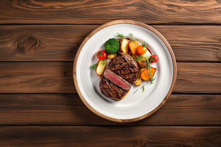 Grilled meat steak with vegetables in plate on brown wooden background, a Food & Drink Photo by AlyaAnd