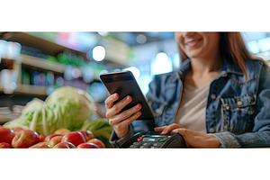 Smiling Woman Making Mobile Payment, a Food & Drink Photo by piter.goskov