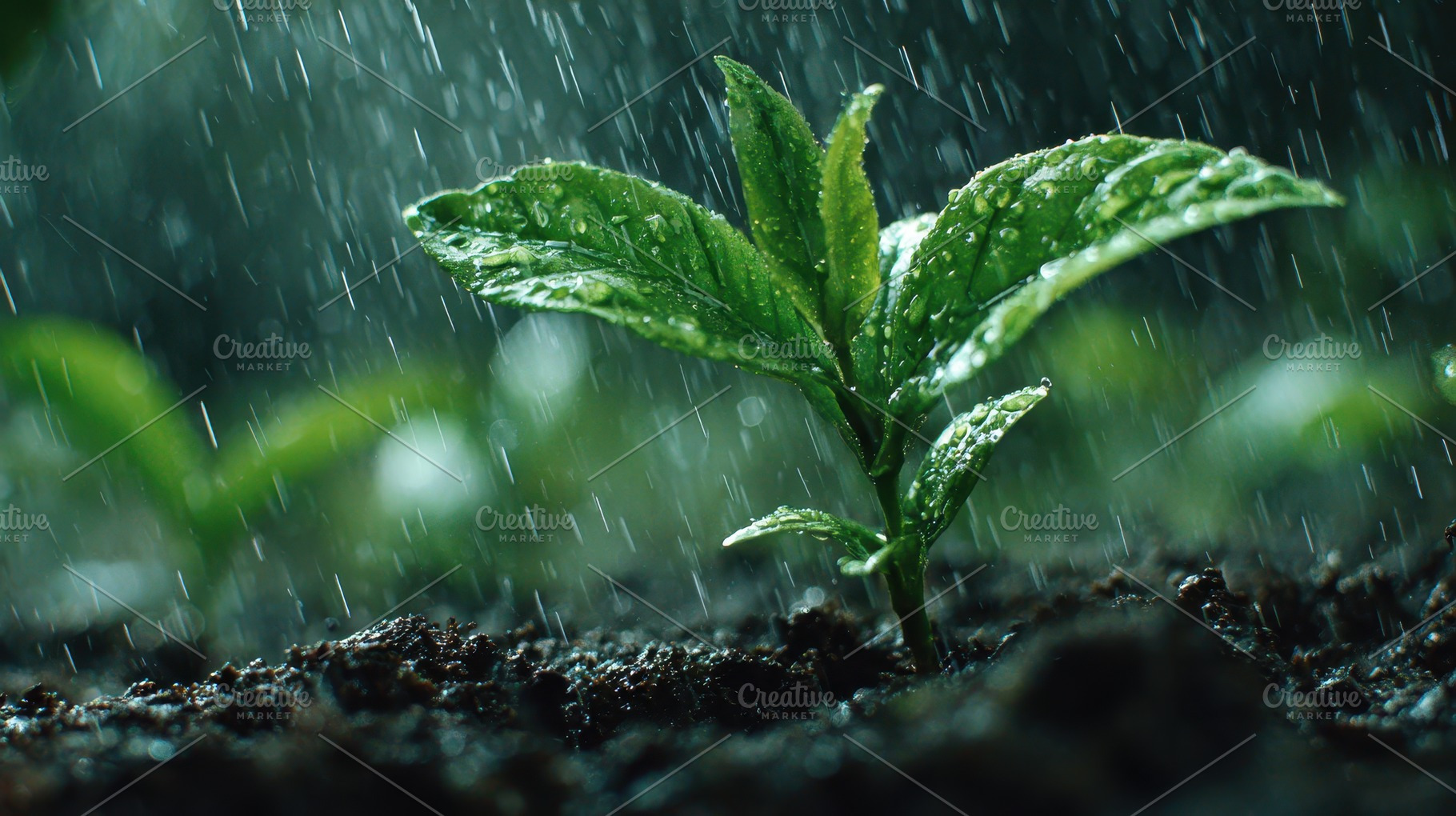 Young plant growing in rain fresh gr, a Photo by Pixeness Studio
