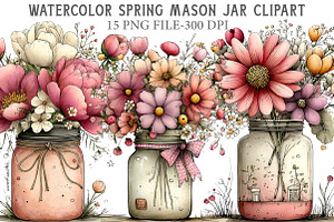 Watercolor Spring Mason Jar Clipart, an Illustration by Libby Wishes