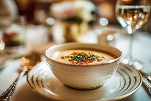 Creamy gourmet soup, garnished with herbs and paprika, presented, a Food & Drink Photo by Studio ANNA