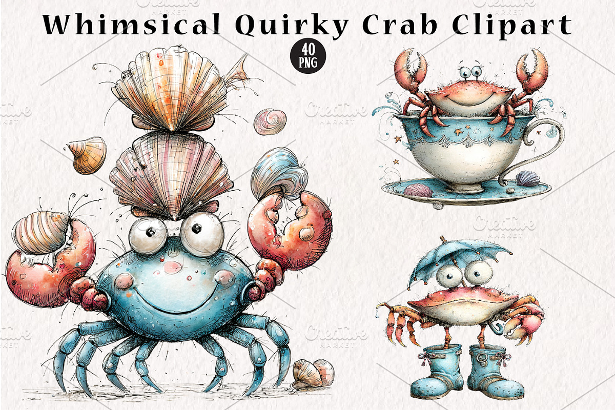 Whimsical Quirky Crab Clipart, a Seasonal Illustration by CreationArt (Photo 1 of 5)