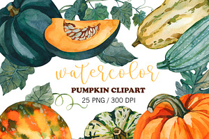 Watercolor Pumpkin Clipart, Fall