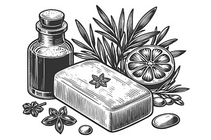 Soap and Dispenser engraving vector, a Healthcare Illustration by AlexArt