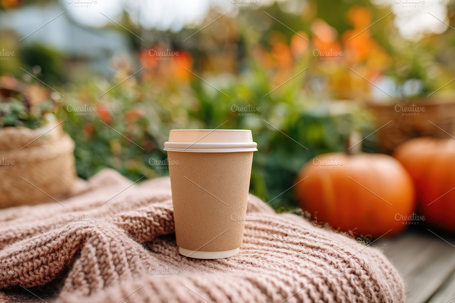 Mockup of paper cup and kraft box in autumn outdoor setting with pumpkins, a Photo by AlyaAnd