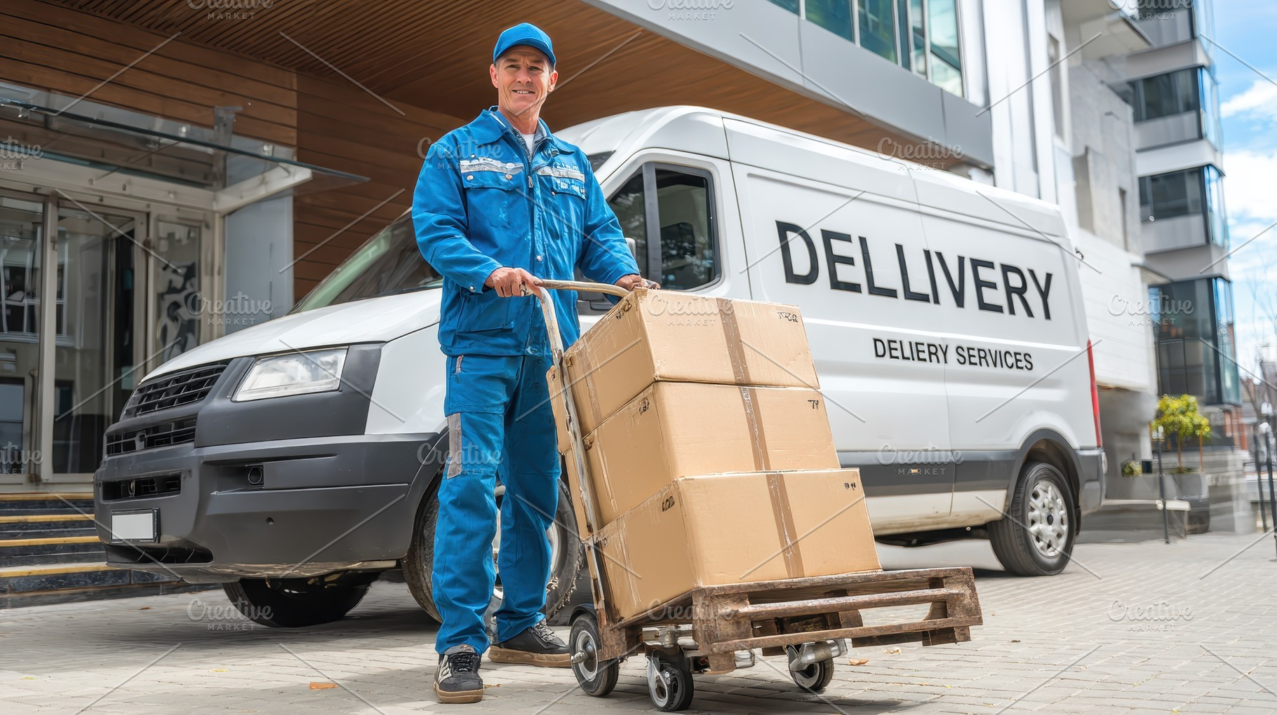 Delivery man smiling happy boxes van, a Photo by Pixeness Studio