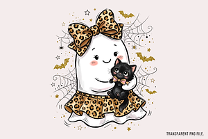 Retro Halloween Ghost and Cat Png