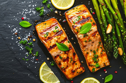 Grilled salmon fillets with asparagus and lemon on a dark slate, a Food & Drink Photo by Mashimara