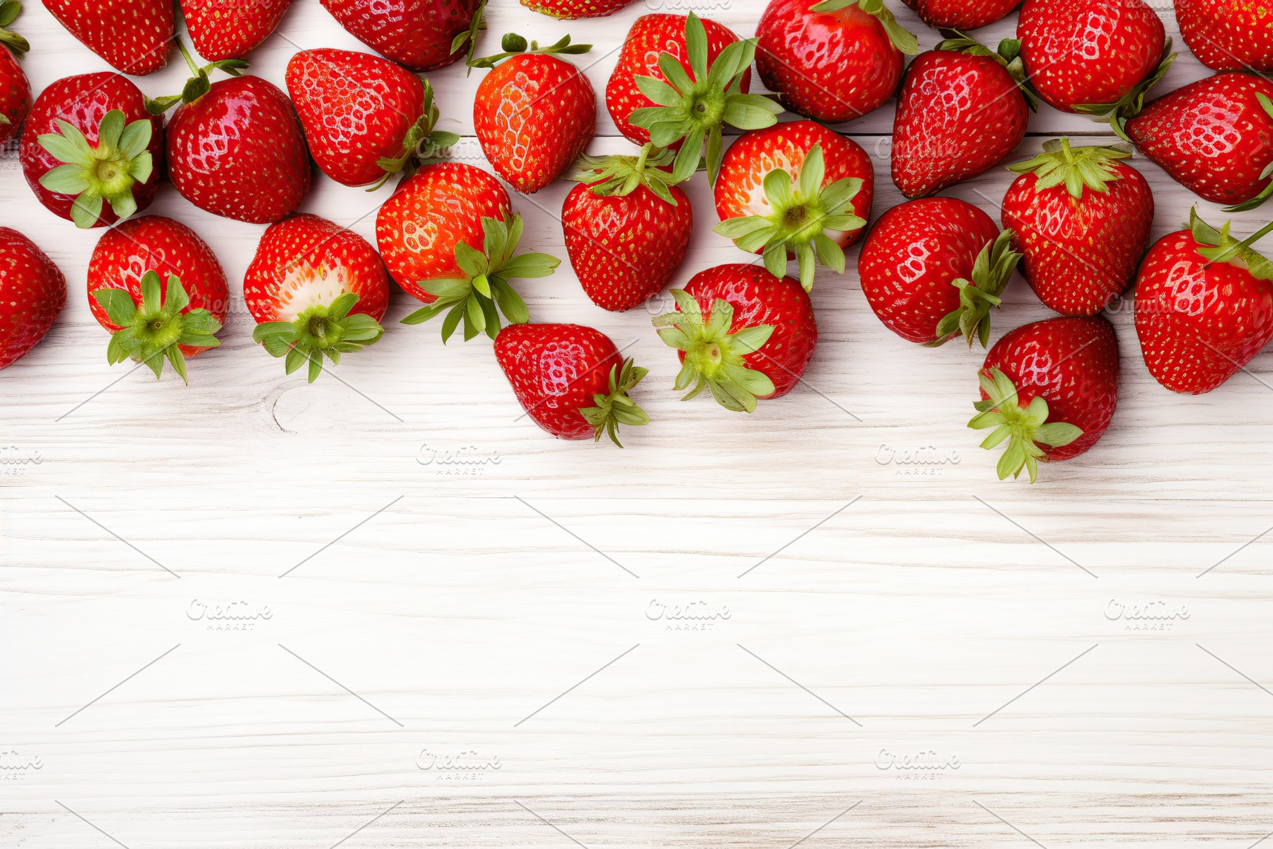 Red ripe strawberries on white wooden background, a Photo by AlyaAnd
