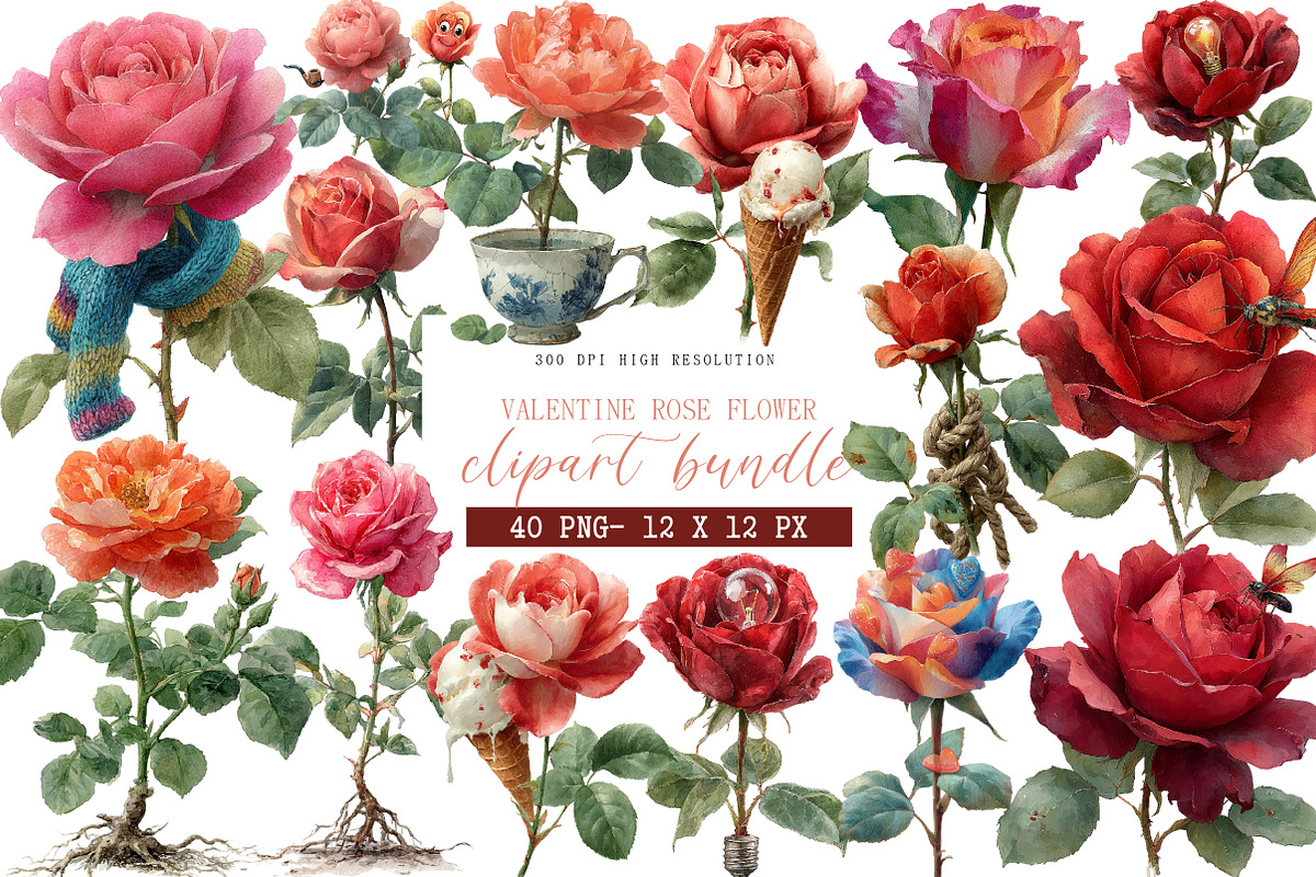 quirky valentine rose flower clipart, an Illustration by DreamArtGraphic (Photo 1 of 4)