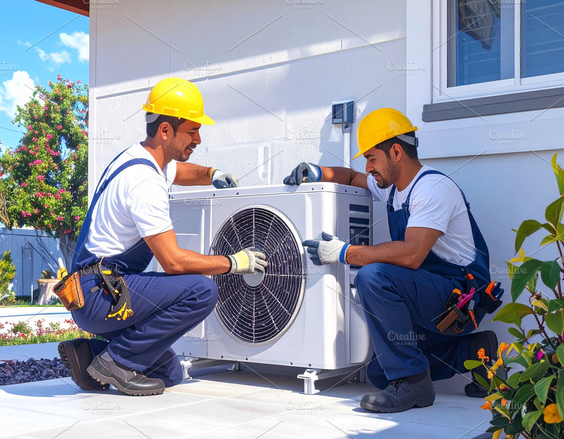 HVAC technicians integrating smart climate technology in a moder, an Industrial Photo by DanFLCreativo
