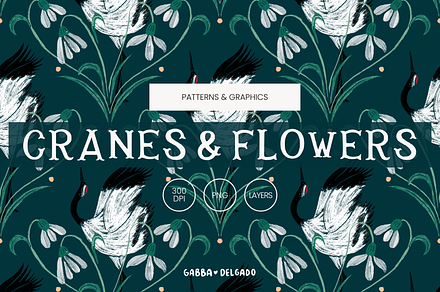Cranes & Flowers PNG Patterns & Art