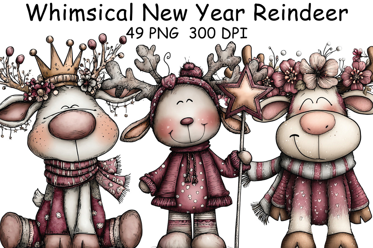 Whimsical New Year Reindeer Clipart, an Illustration by CraftArtStudio (Photo 1 of 6)
