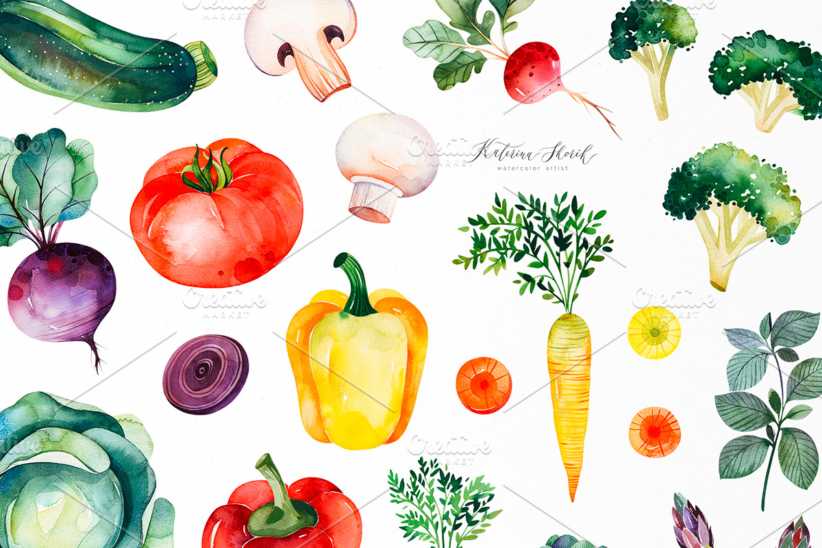 Watercolor Vegetables., a Food Illustration by Kate_Rina (Photo 2 of 3)