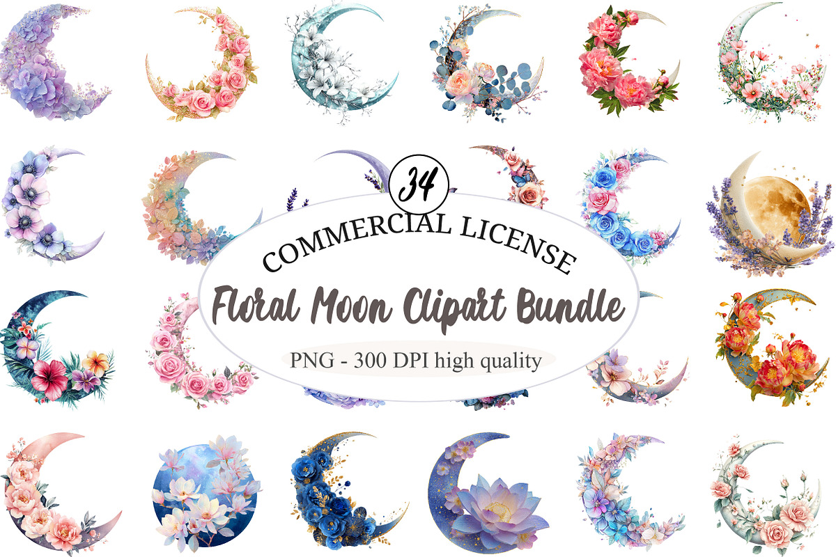 Watercolor Floral Moon Clipart Bundl, an Illustration by designcity5 (Photo 1 of 5)