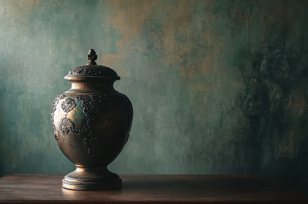 Antique urn displayed on wooden tabl, a Photo by Iftikhar Alam