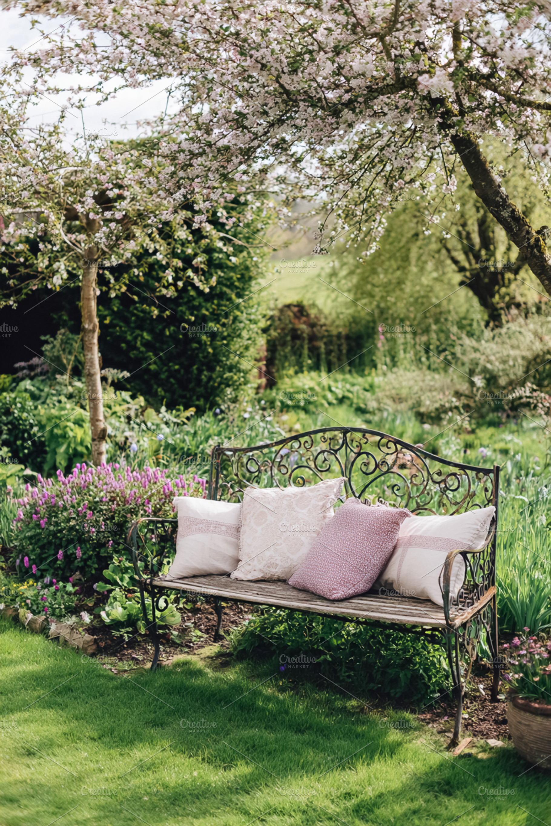 Wrought iron bench with cozy pillows under a blooming spring tre, a Photo by Studio ANNA