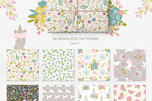 Unicorn Meadow Clipart & Pattern