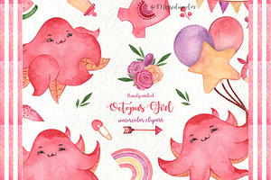 Girl Birthday Clipart, Pink, Octopus