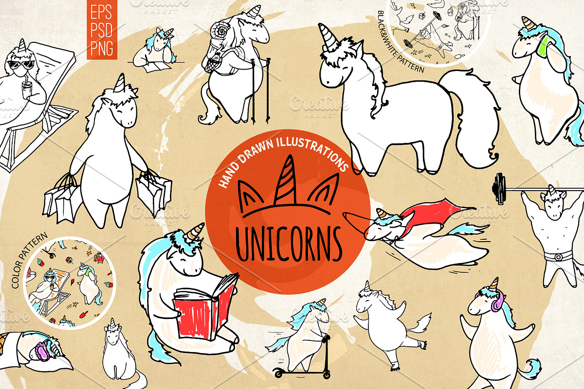 Cute unicorns. Hand drawn set, an Object Graphic by Alena Kaz (Photo 1 of 7)