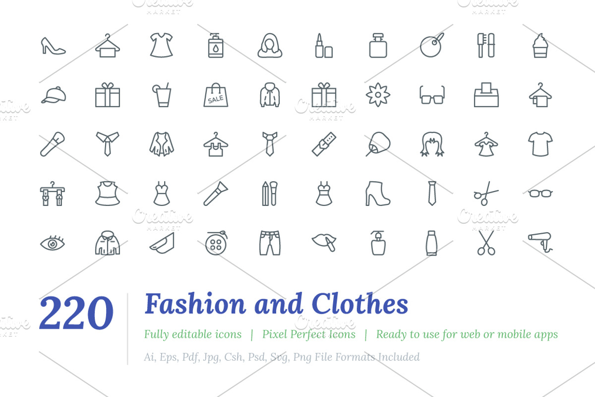 220 Fashion and Clothes Line Icons, an Outline Icon by Vectors Market (Photo 1 of 4)