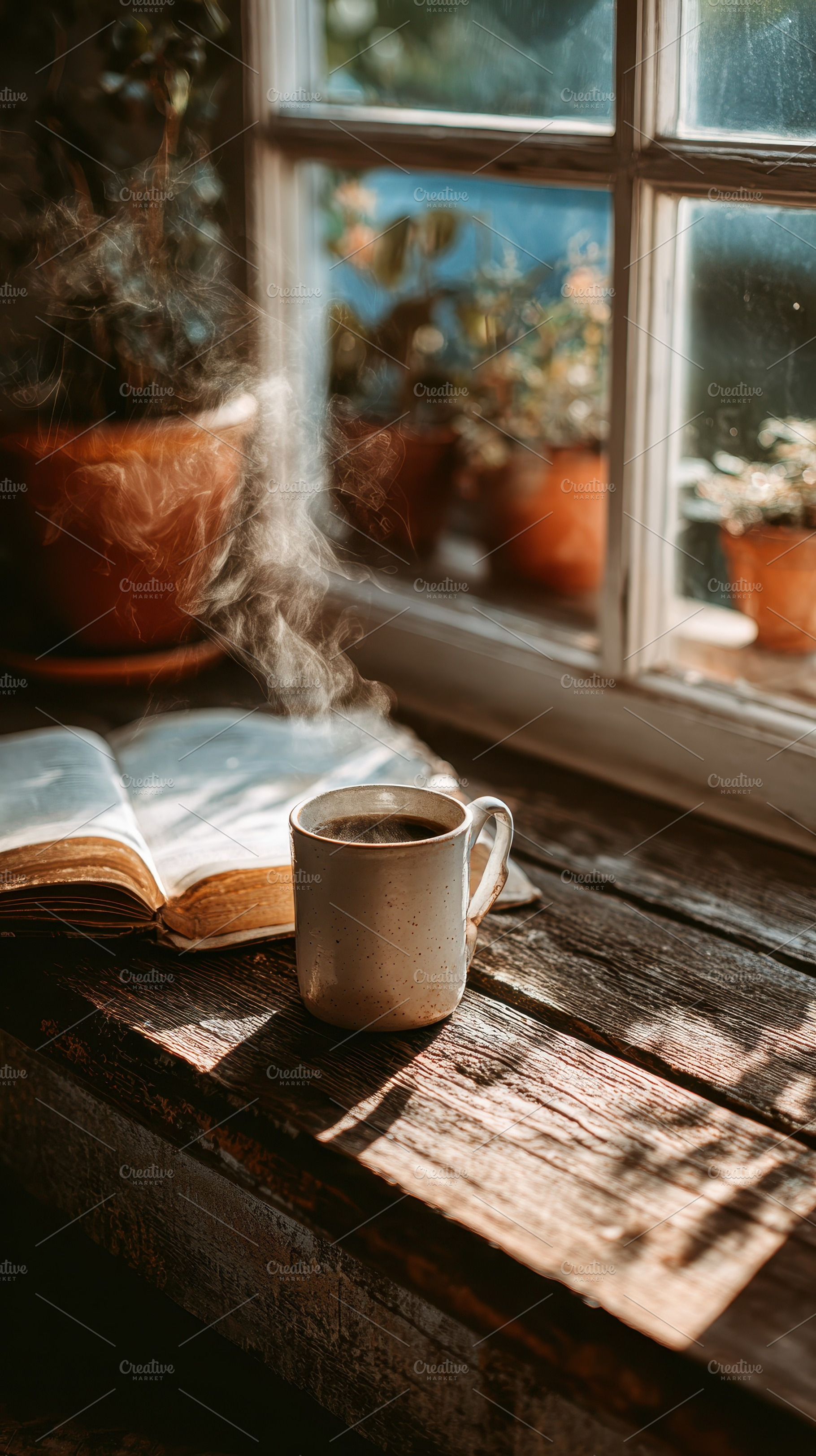 Steaming coffee mug beside open book, a Photo by Pixeness Studio