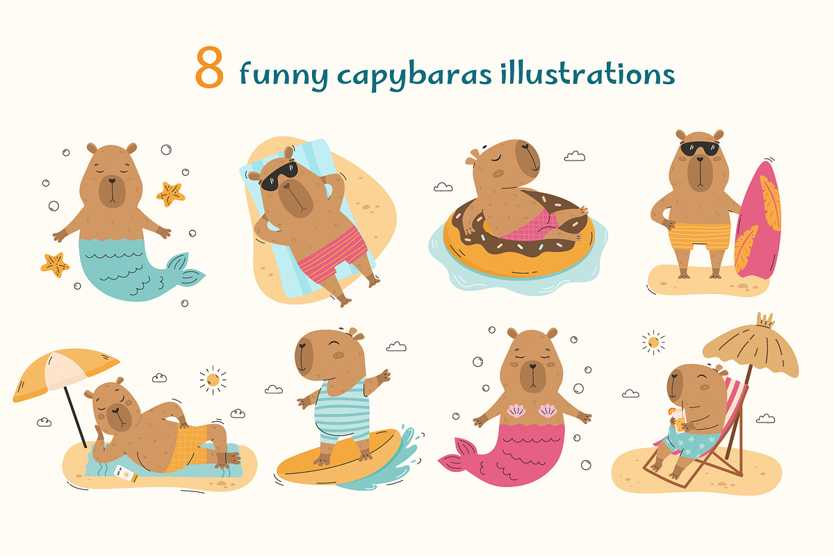 Funny capybaras set. Summer vibes, an Animal Illustration by Mila_art (Photo 2 of 6)