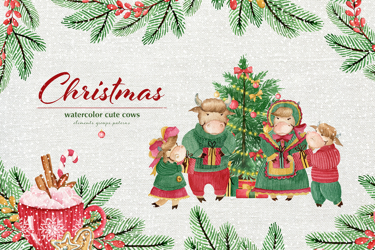 Cute cows. Watercolor Christmas set, an Object Graphic by JuliaBadeeva (Photo 1 of 8)