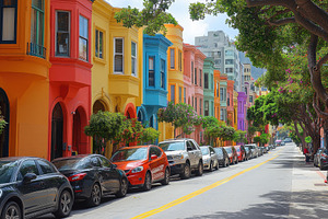 Colorful houses line a vibrant stree, a Photo by Tanuart
